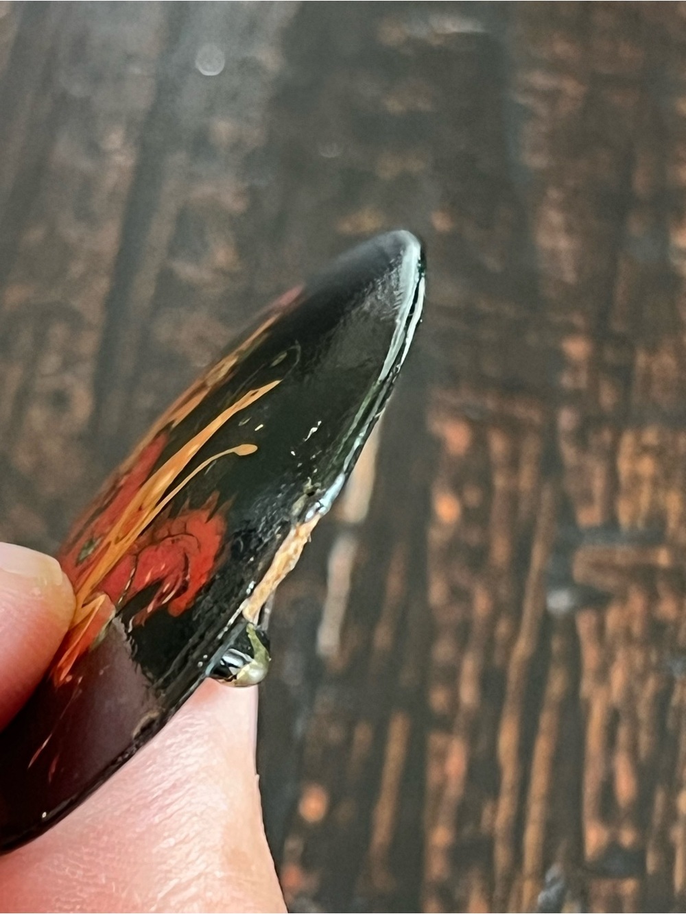 Vtg Russian Hand Painted Black Lacquer Wood Brooch Sleigh Horses Mythology - Picture 6 of 11